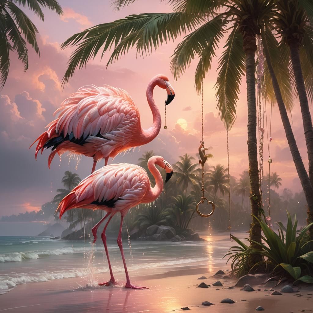 Pink Flamingo on Tropical Beach Swing in Fantasy Art