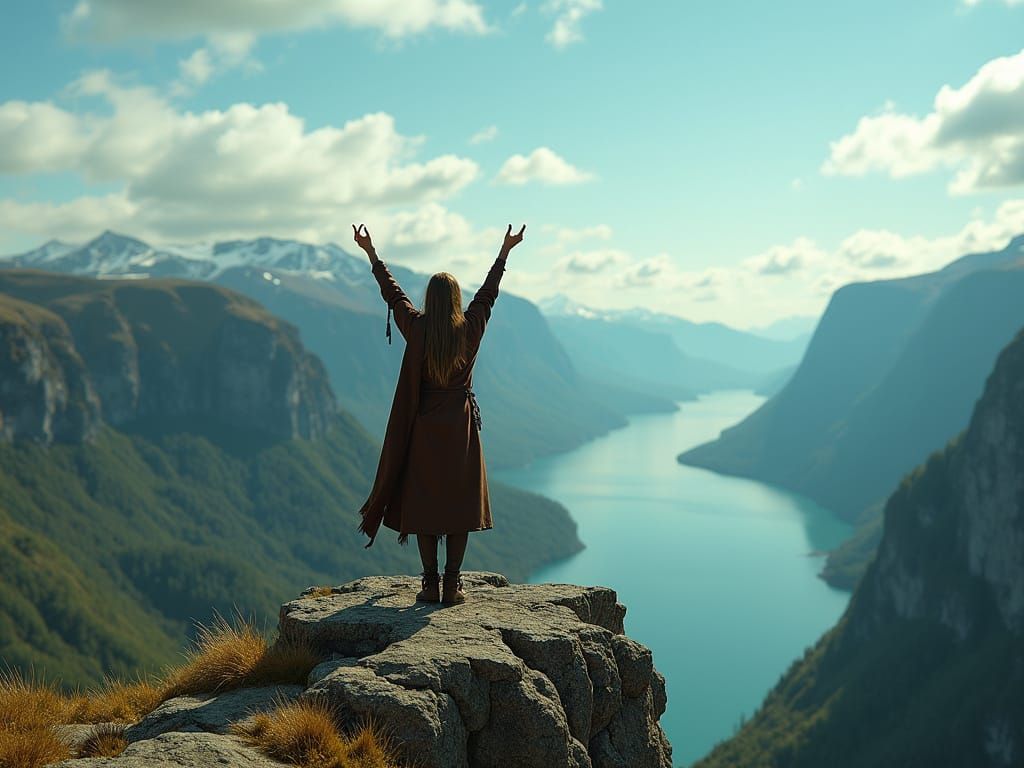 Viking Shamaness Invokes Nature Spirits on Cliff