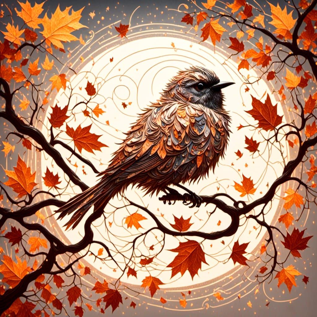 Sparrow in Autumnal Tree with Golden Light