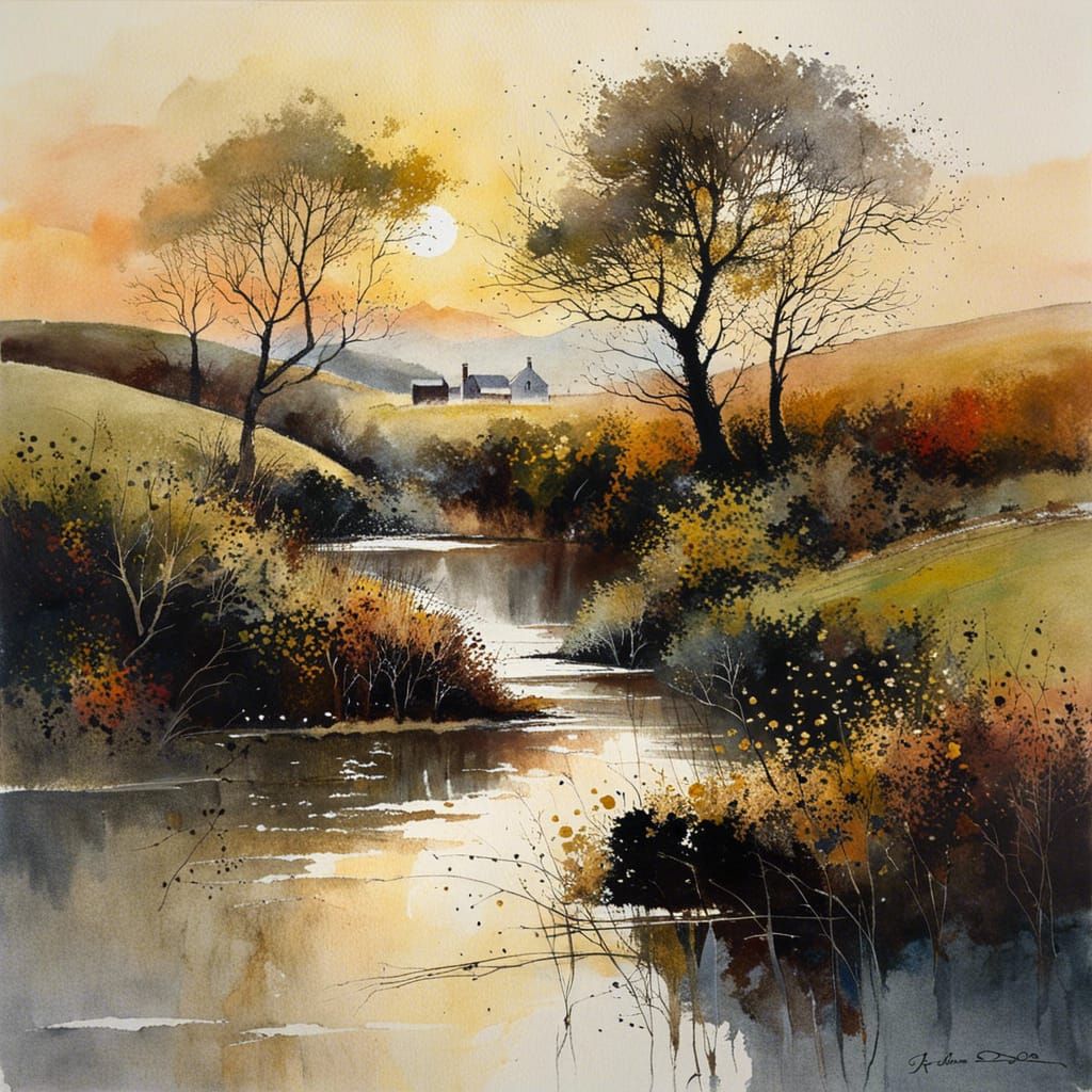 Dreamlike Watercolor Landscape Painting