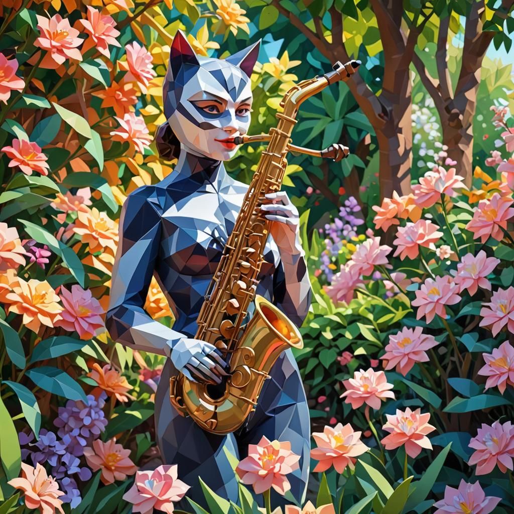Catwoman Plays Saxophone in Fauvist Low-Poly Garden
