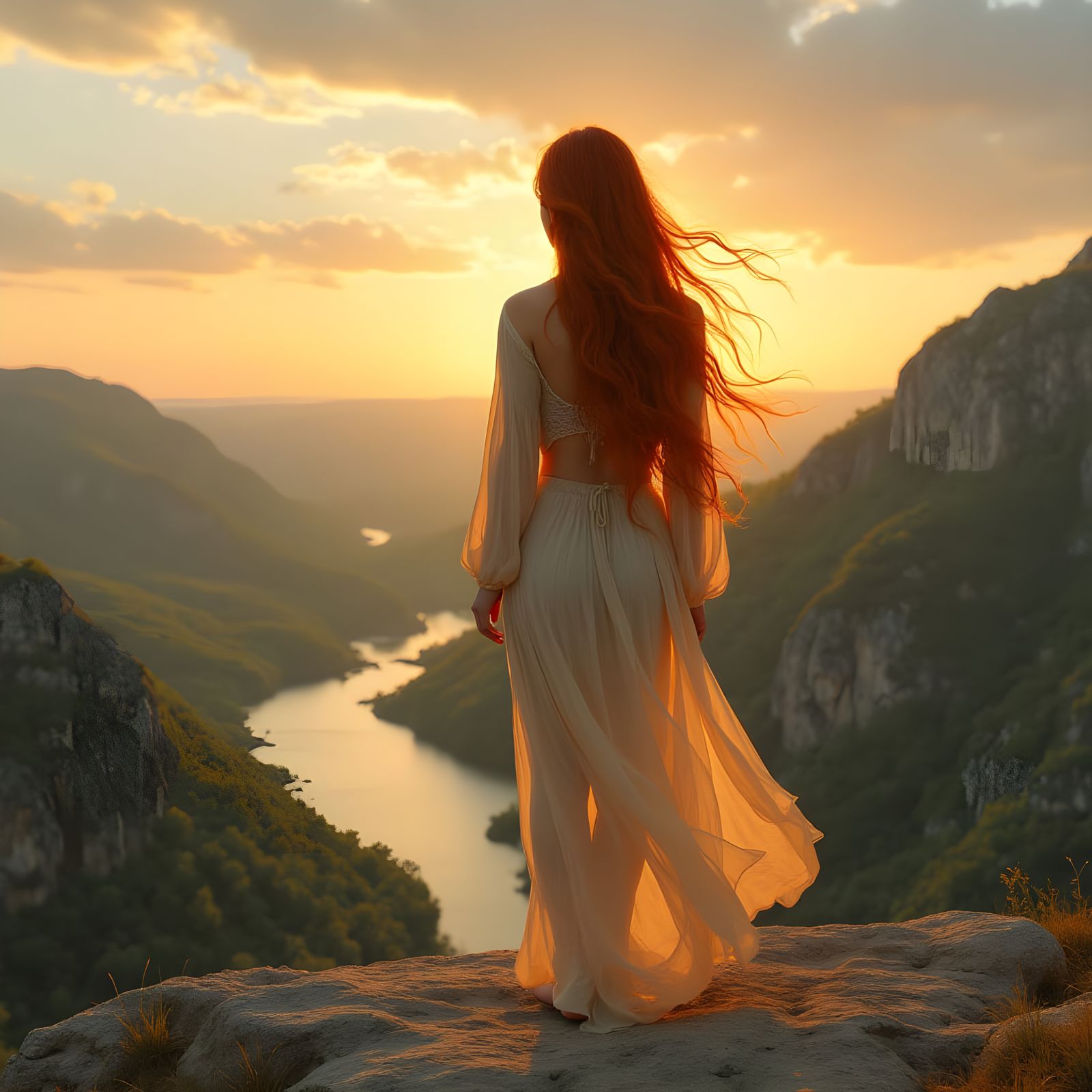 Woman in Classic Dutch Style Stands on Rocky Precipice at Su...