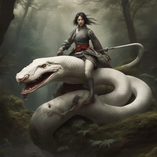 Samurai Rides Albino Snake in Forest, Dark Fantasy Art