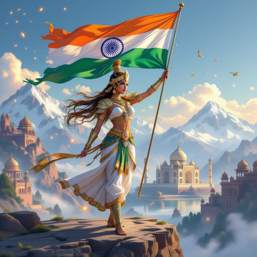 Bharat Mata Warrior with Indian Flag in 2.5D Anime Style