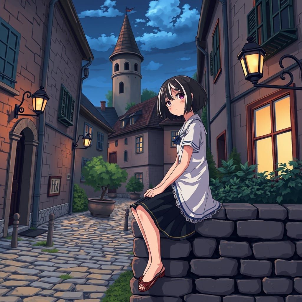 Girl Sits on Cobblestone Wall in Historic Townscape