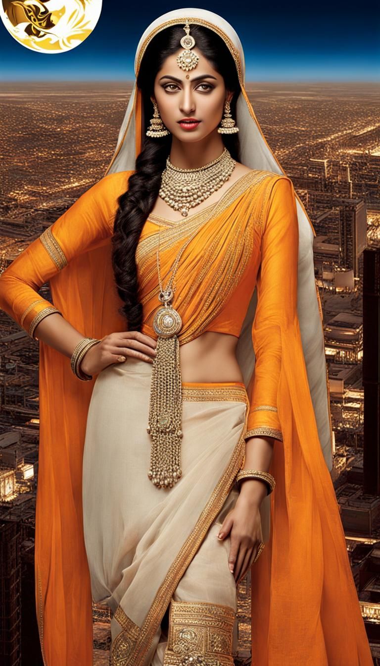 Young Woman in Saree with Moon City Backdrop