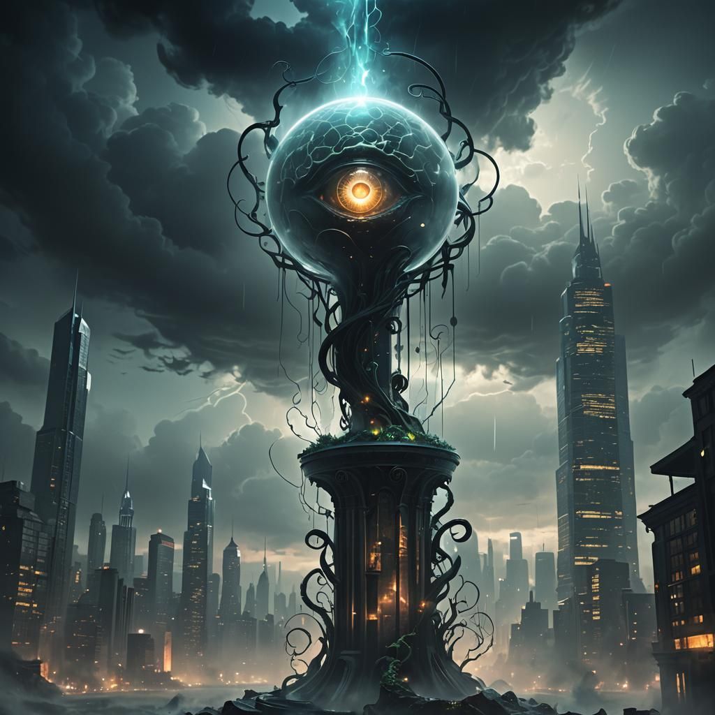 Glass A in Dark Fantasy Cityscape, 3D Render