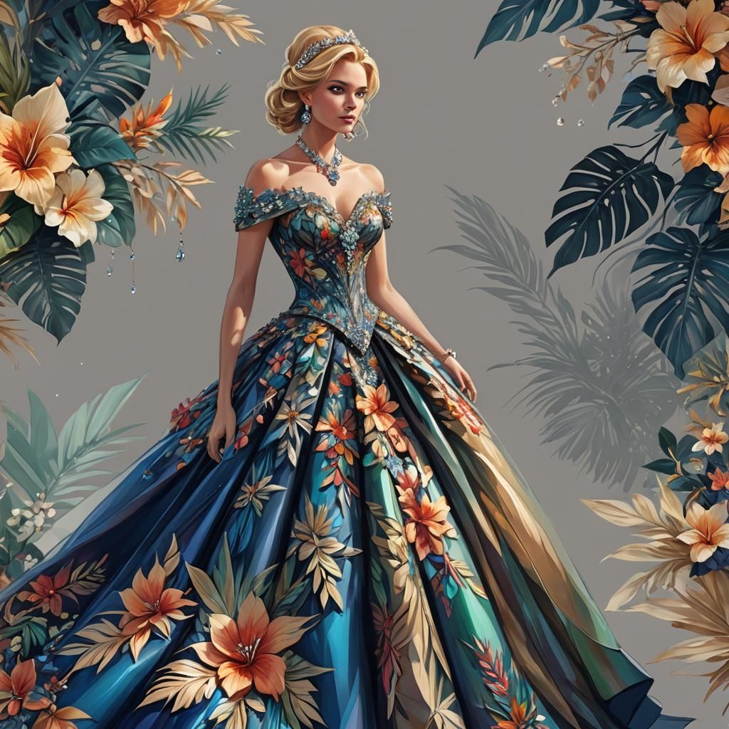 Iridescent Floral Ball Gown Fashion Design Sketch