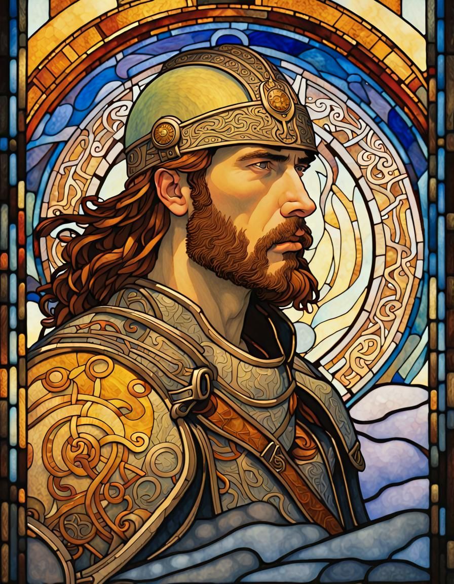 Art Nouveau Stained Glass Norse Warrior Portrait