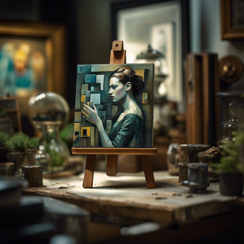 Cubist Woman Painting in Terrarium, Miniature Art