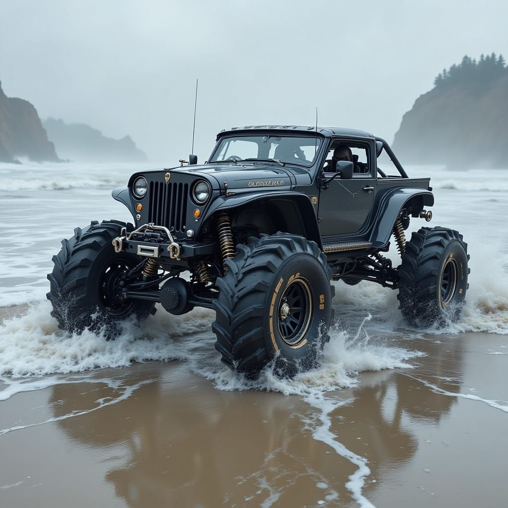 Armored Monster Truck Beach Buggy on Stormy Beach