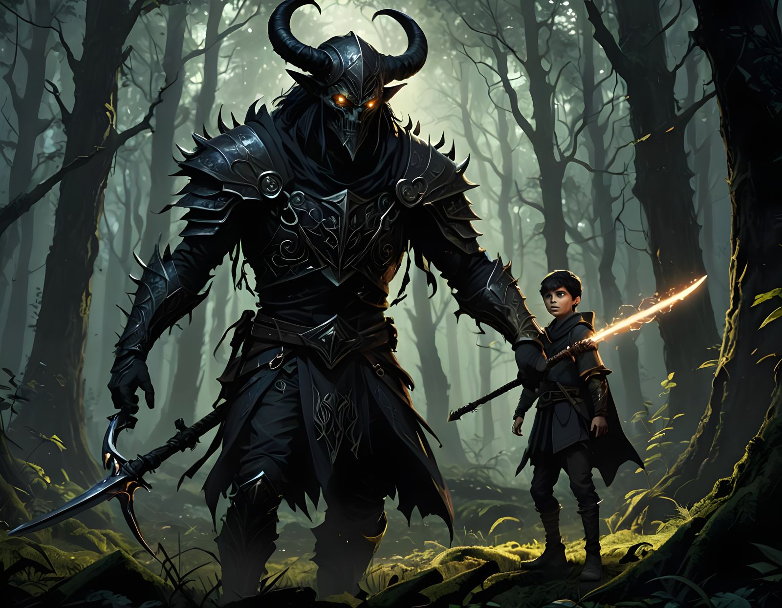 Boy Warrior Confronts Shadow Elf in Dark Forest