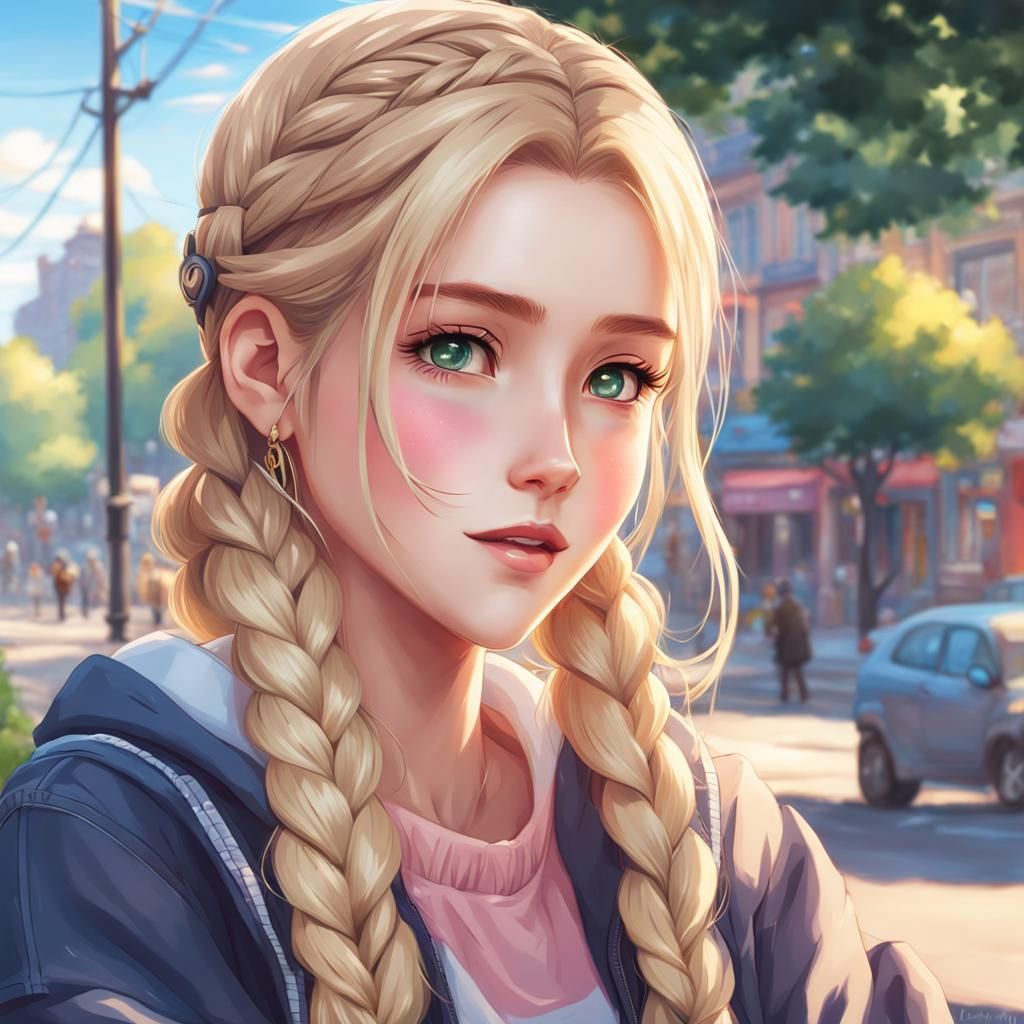 Anime Girl with Blonde Braids in Park