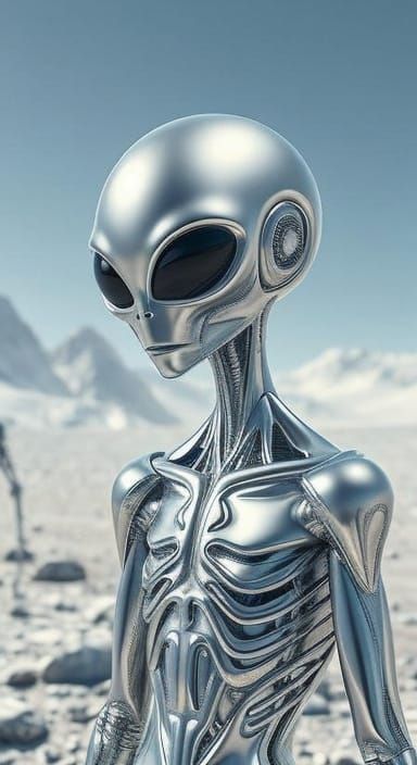 Metallic Grey Alien in Chrome Sci-Fi Landscape