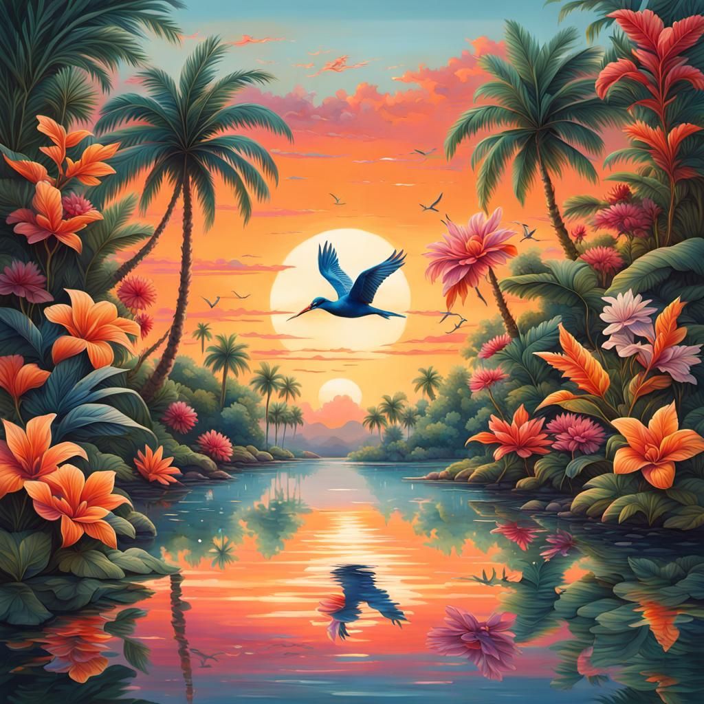 Secluded Island Lagoon Reflecting Sunset in Digital Art