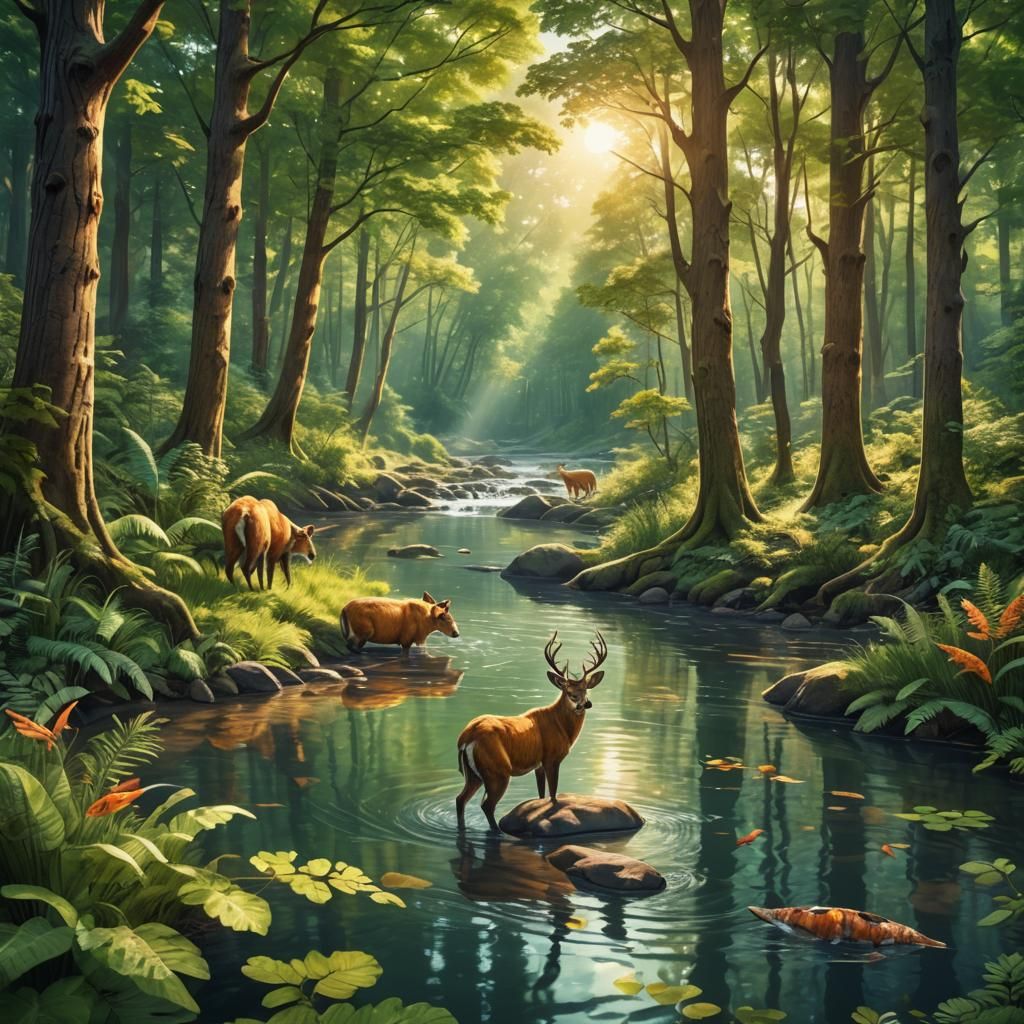 Vibrant Wildlife Illustration in Lush Forest