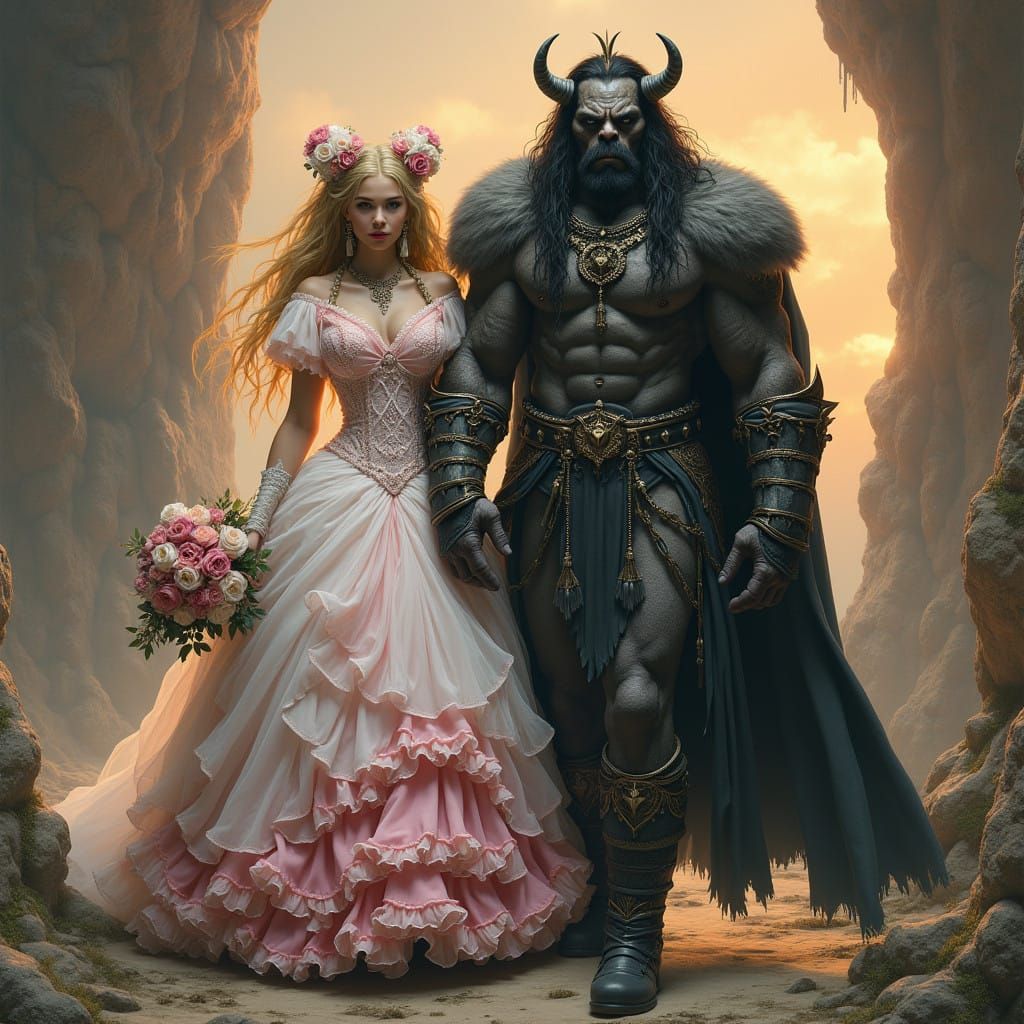 Regal Orc King and His Whimsical Bride in Sunset Hues