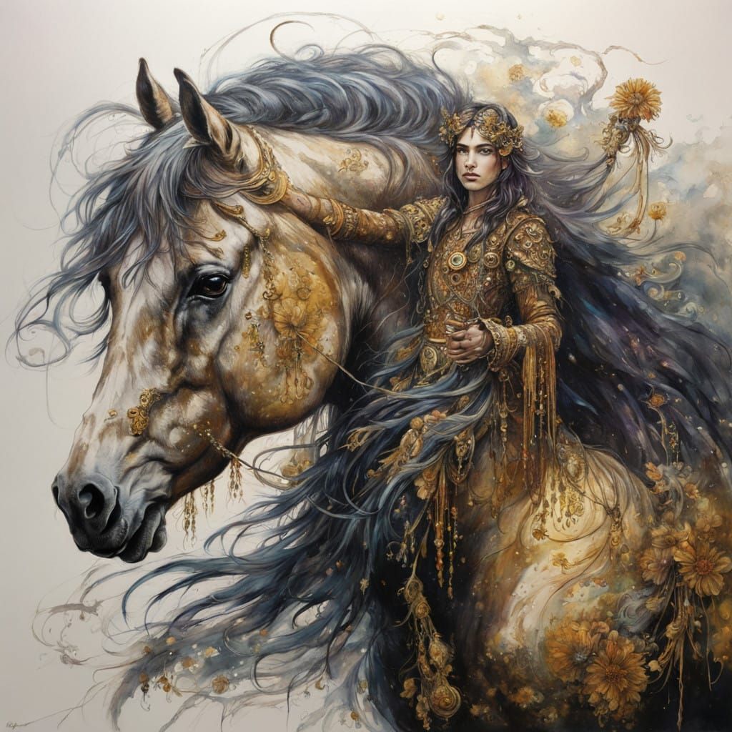 Glowing Fantasy Horse Lady with Intricate Golden Details and...