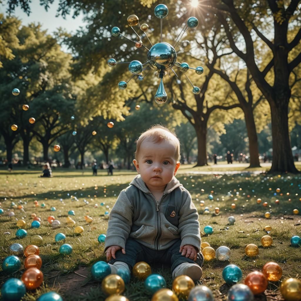 Hyperrealistic Baby with Antennas in a Park