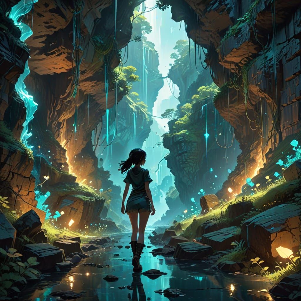Surreal Canyon Landscape with Glowing Turquoise Light