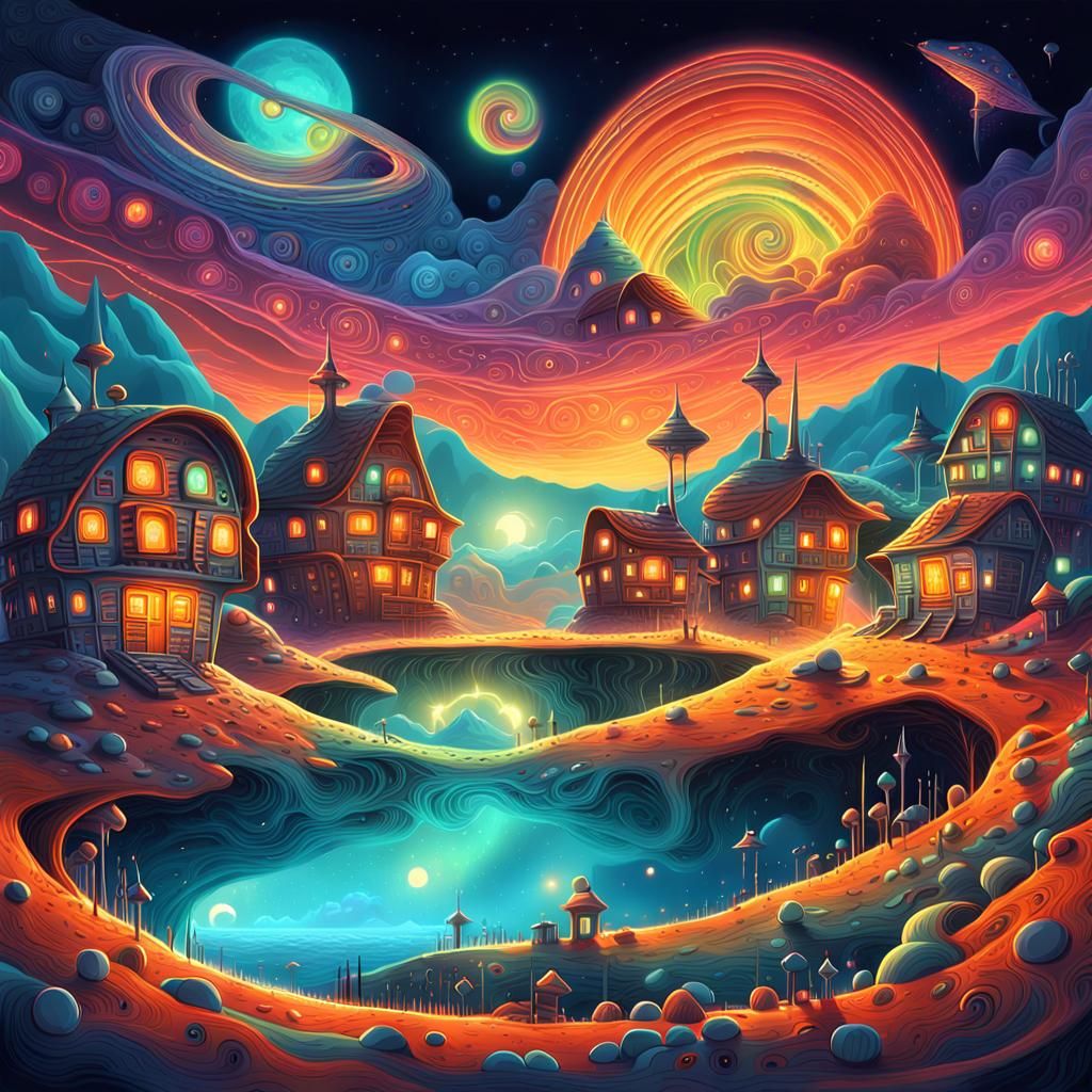 Colorful Alien Village in Surreal Sci-Fi Landscape