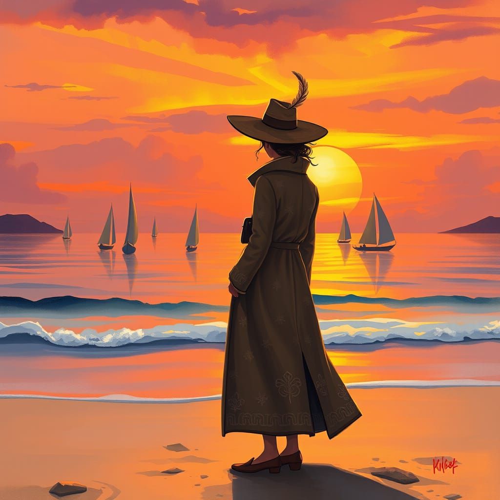 Figure on Windswept Beach at Twilight in Impressionist Style