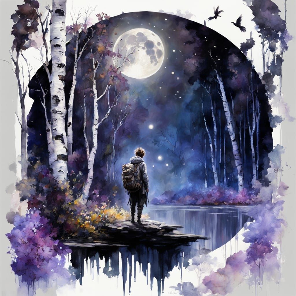 Ethereal Birch Forest Under a Glowing Celestial Canvas