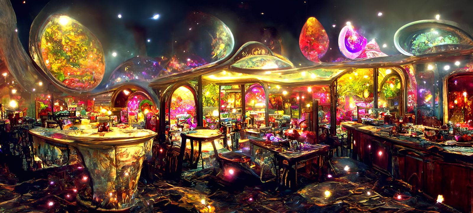 Elaborate Cosmetic Cafe at Night: Digital Illustration