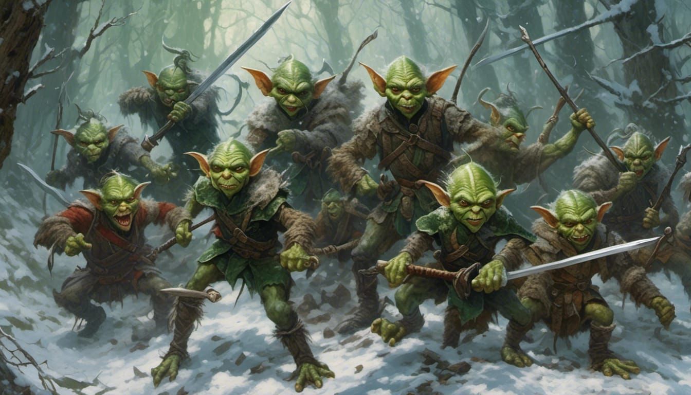 Hyperrealistic Goblins in Snowy Woods