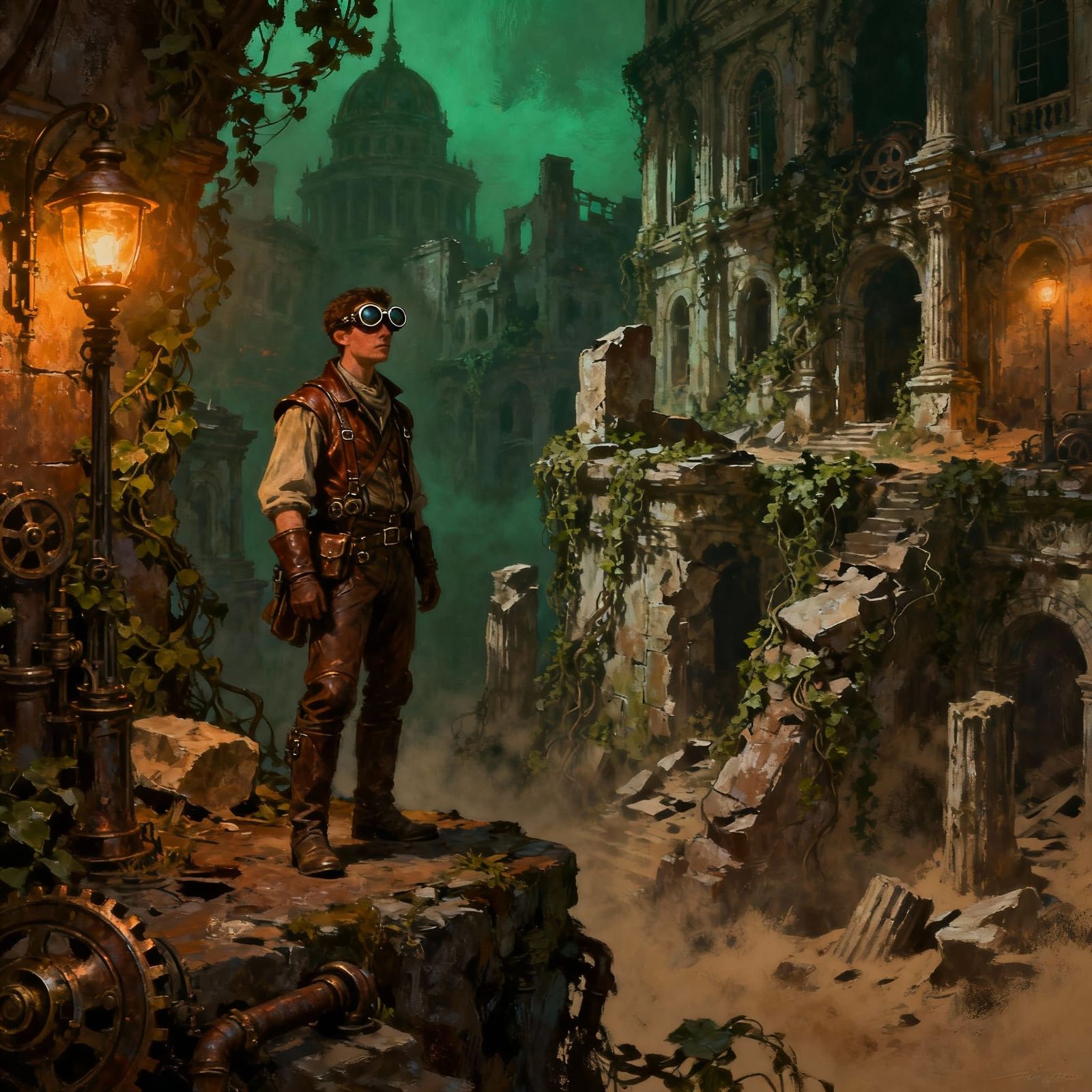 Steampunk Adventurer at Forgotten Gaslit City