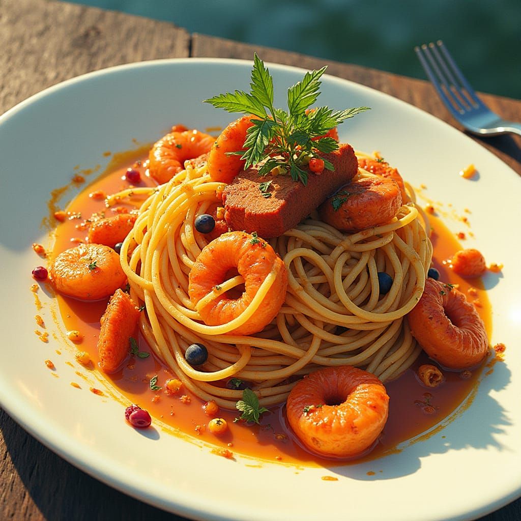 Spaghetti with Chorizo, Beef, and Shrimp in Sci-Fi Style