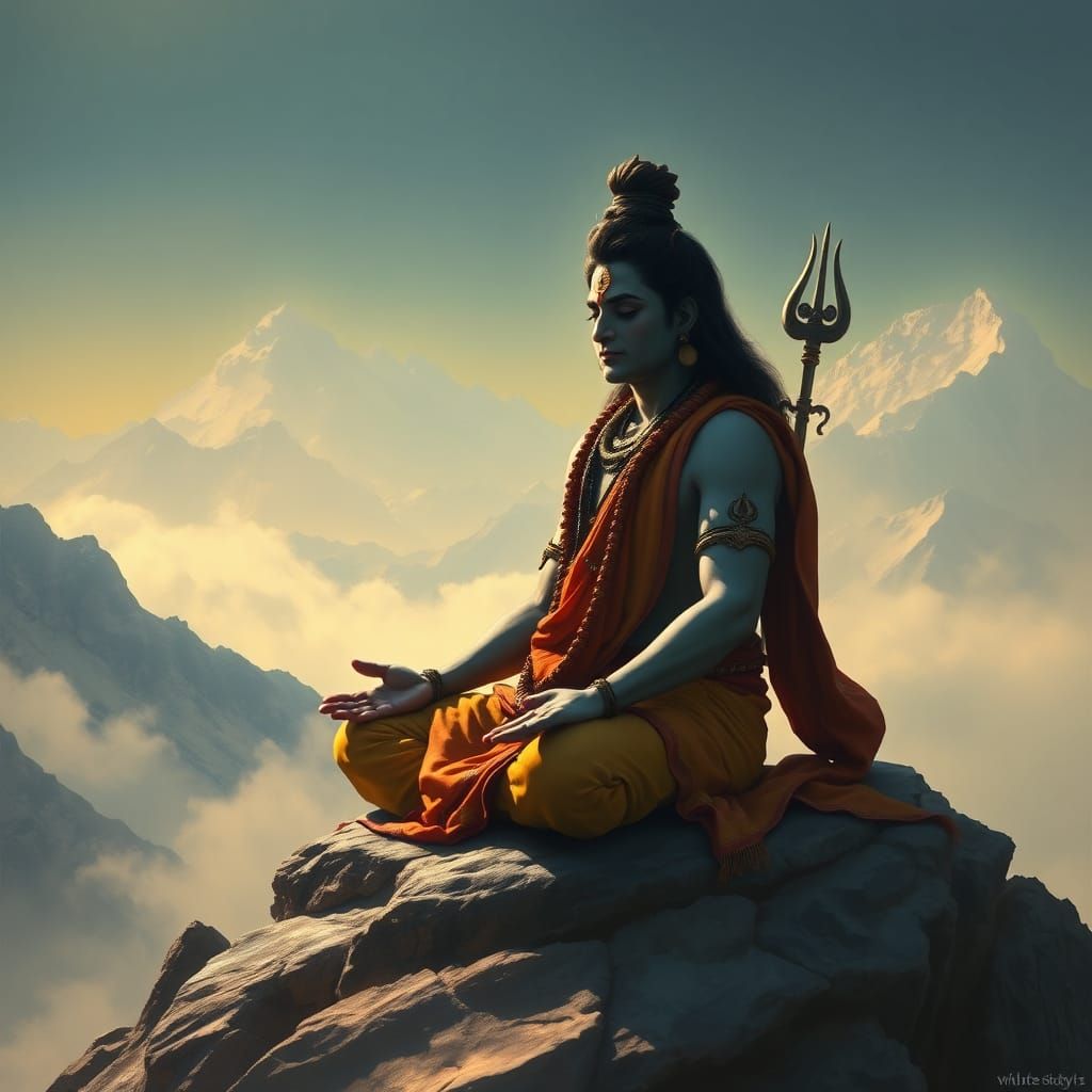 Shiva Meditating on Mount Kailash: Hyperrealistic Oil Painti...