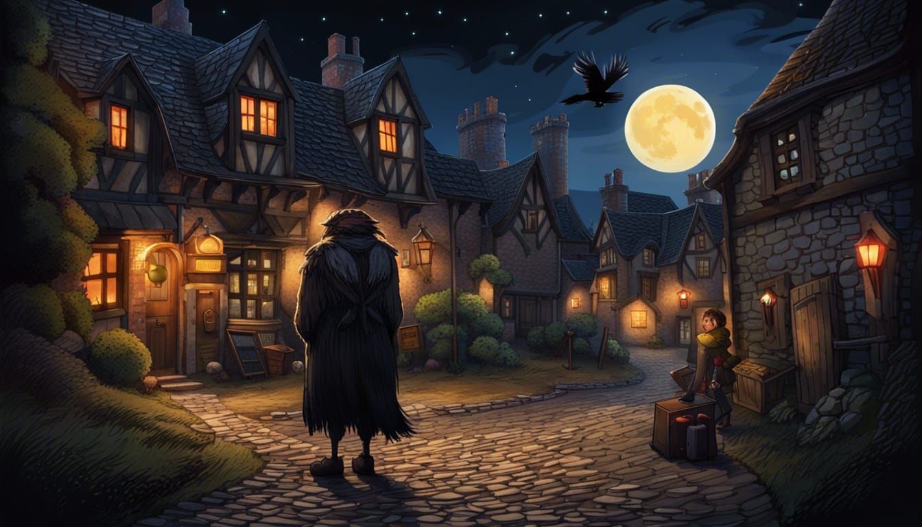Picturesque Village at Night Under Moonlight