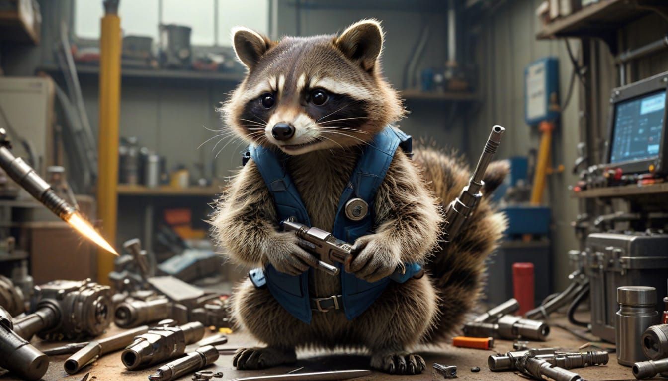 Raccoon Inventors in a High-Tech Workshop