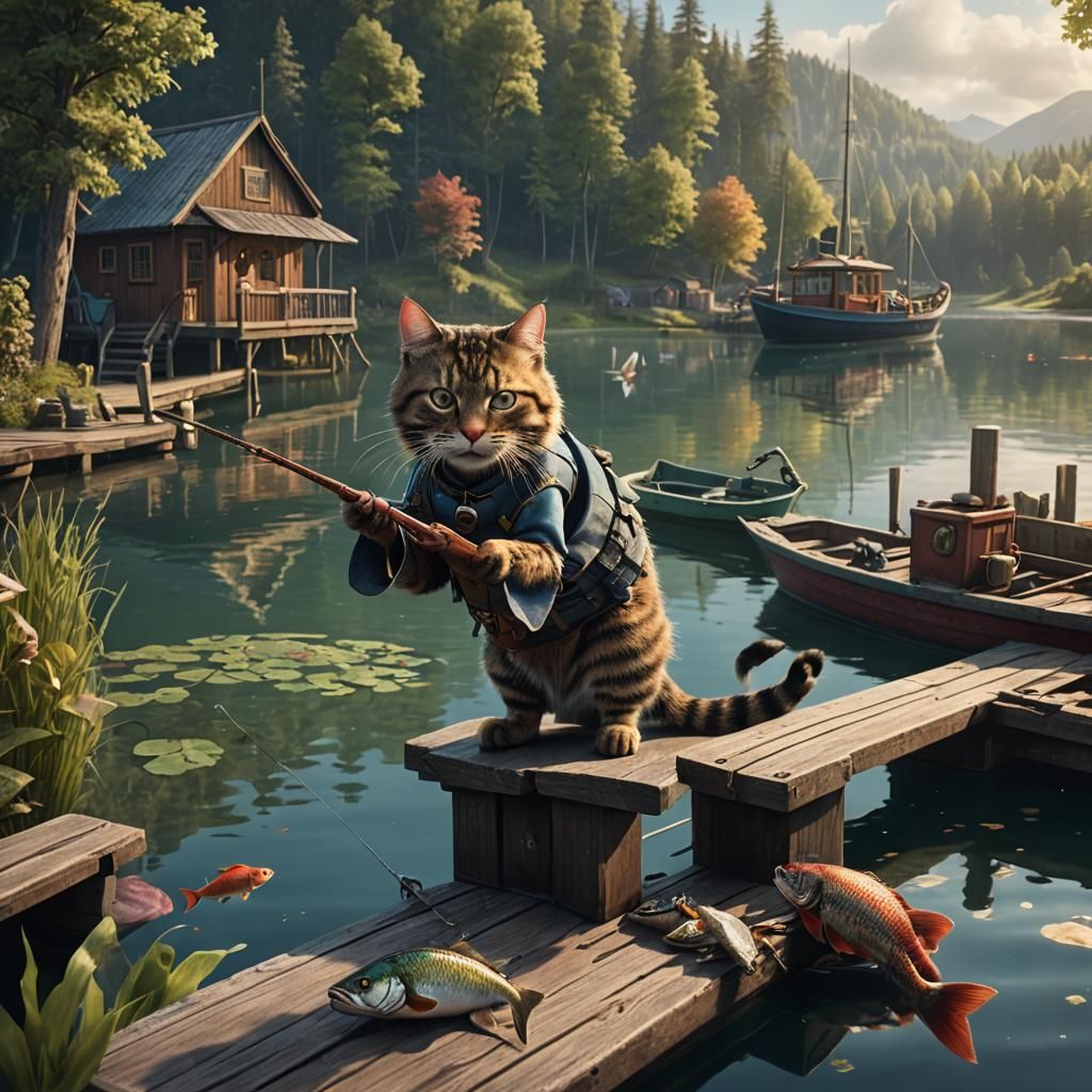 Cat Fishing at the Lake: Detailed Matte Painting