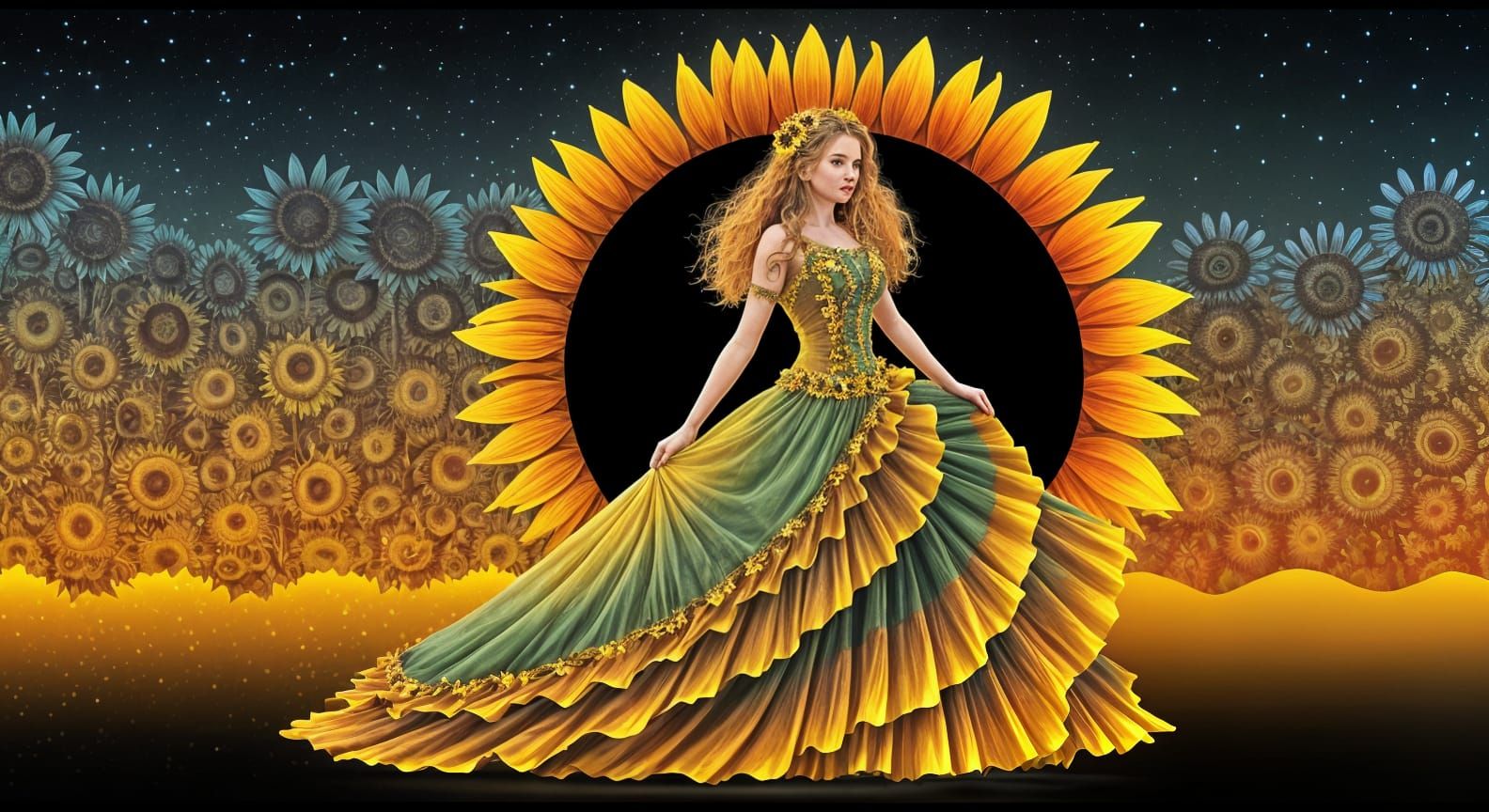 Girl in Sunflower Dress with Abstract Elements