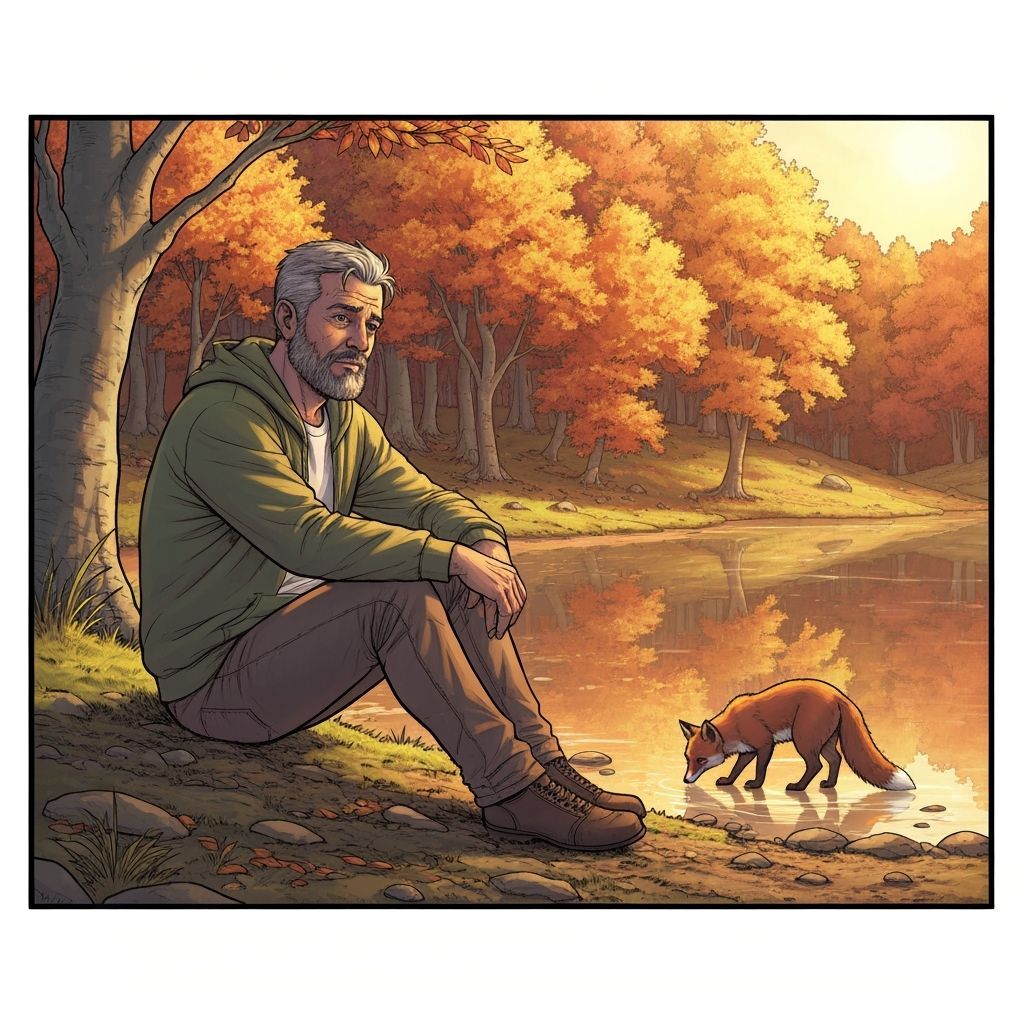 Man Watches Fox by Autumn Lake in Comic Art Style