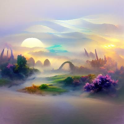 Ethereal Fantasy Landscape in Morning Haze