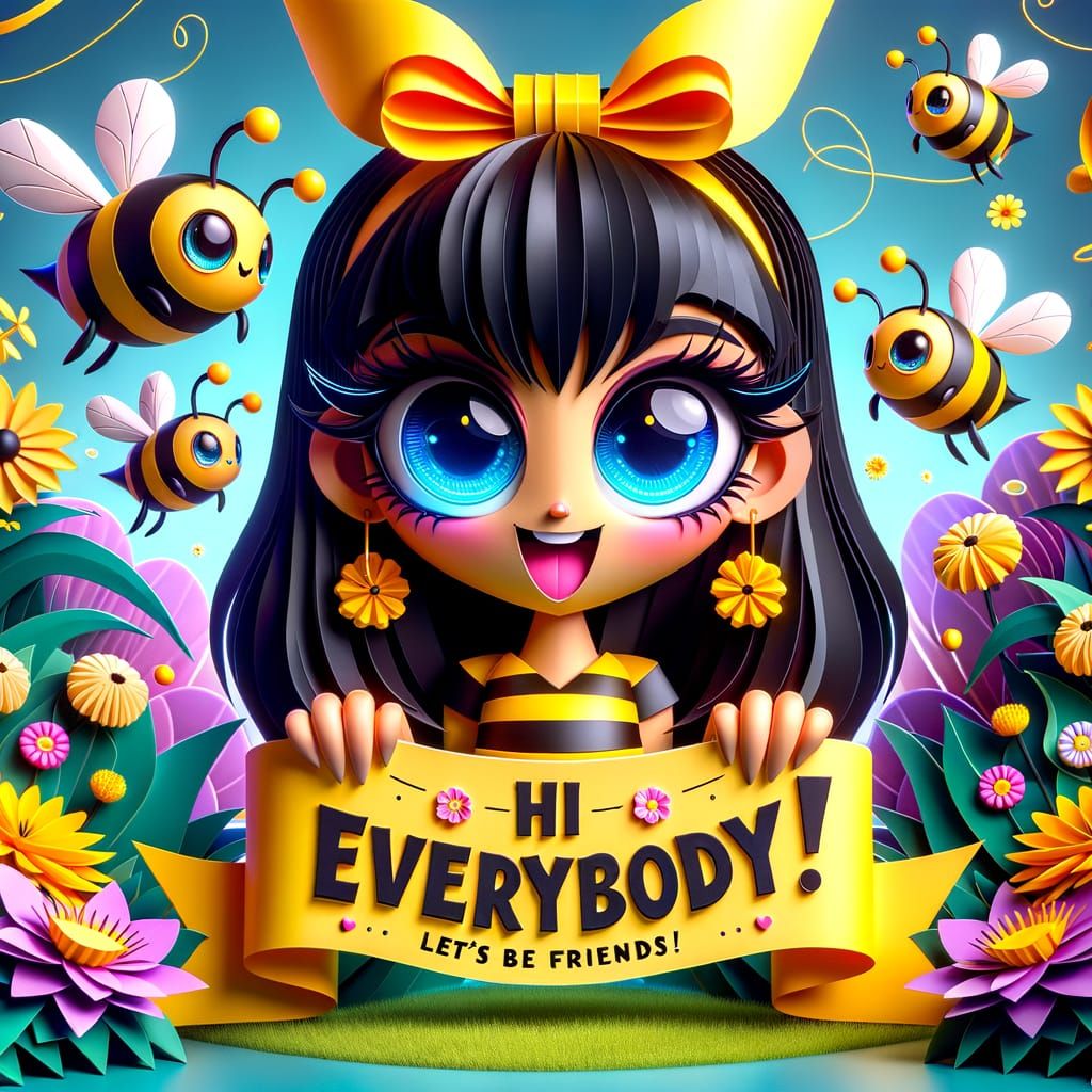 Origami-Inspired Bumblebee Girl in Whimsical Garden Scene