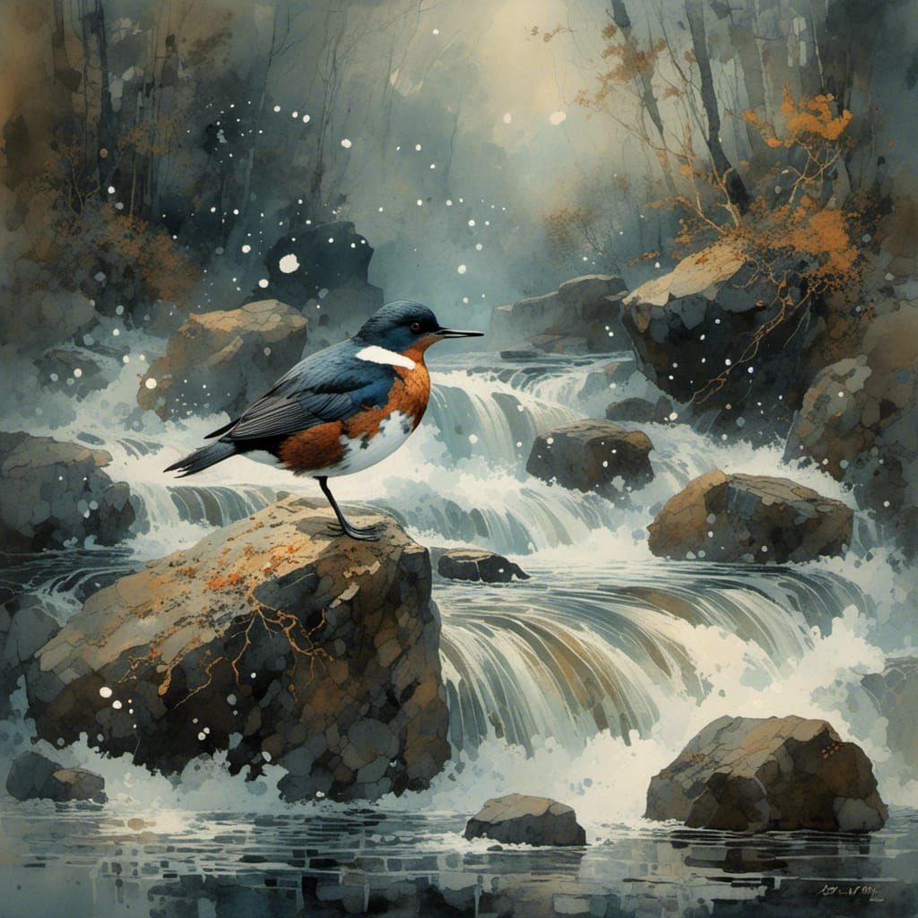 Dipper on a Stone in Raging Torrent