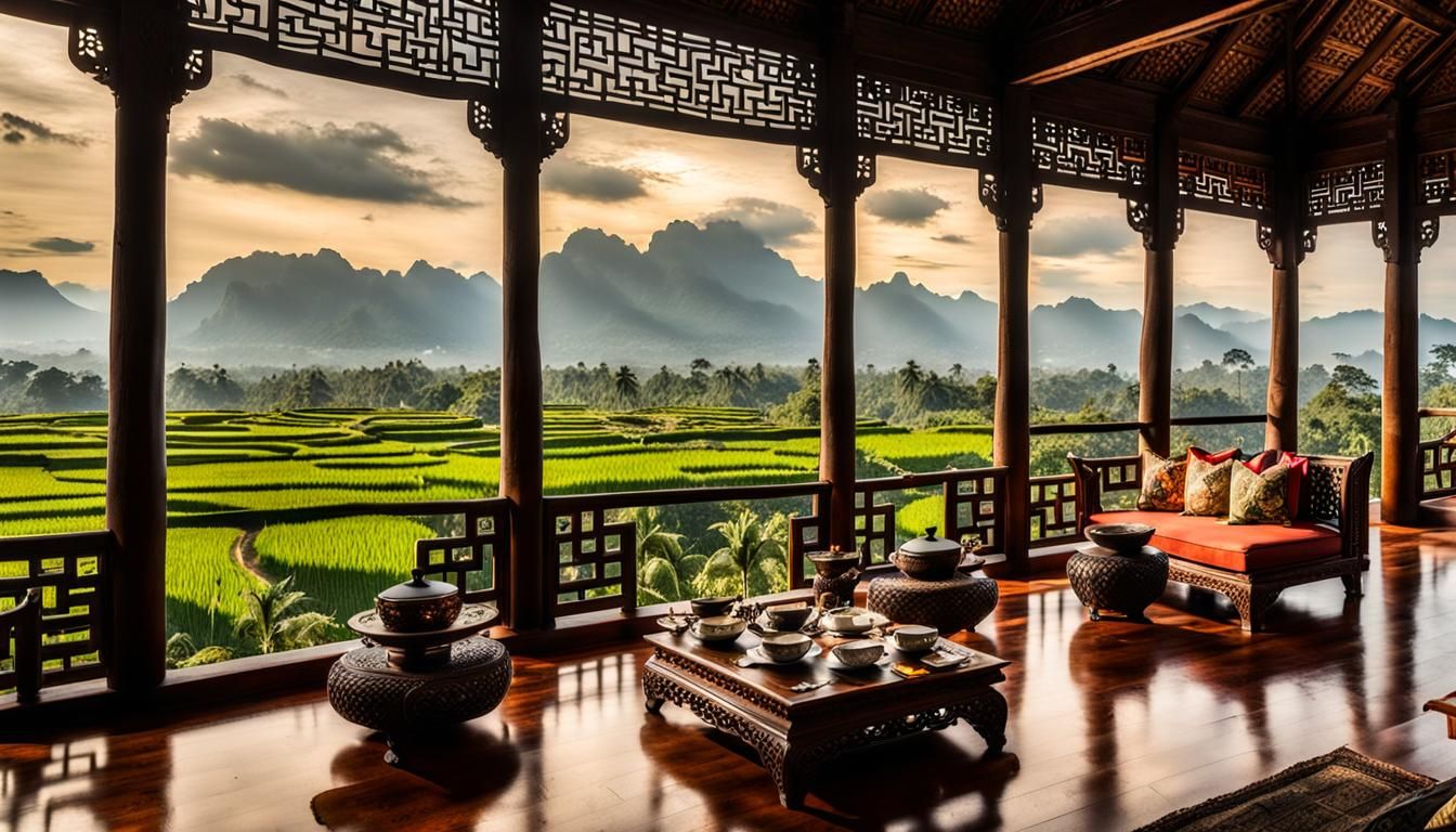 Classical Thai House Interior with Rice Paddy View