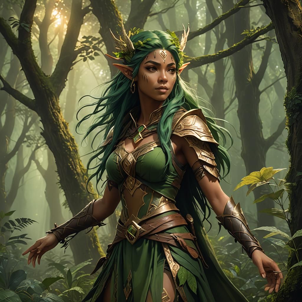 Wood Elf Druid Tracking Foe in Misty Forest