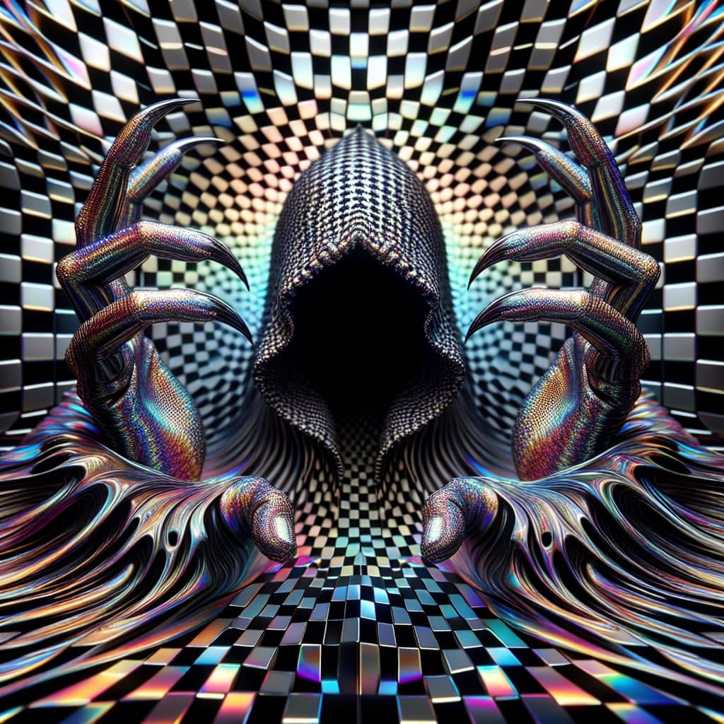 Mysterious Figure Emerging from Checkered Vortex