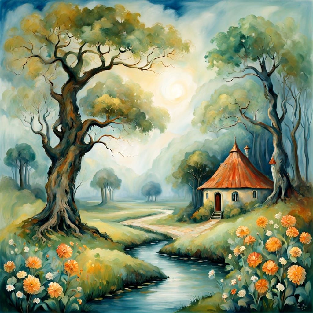 Whimsical Hobbit Village in Watercolor Wonderland