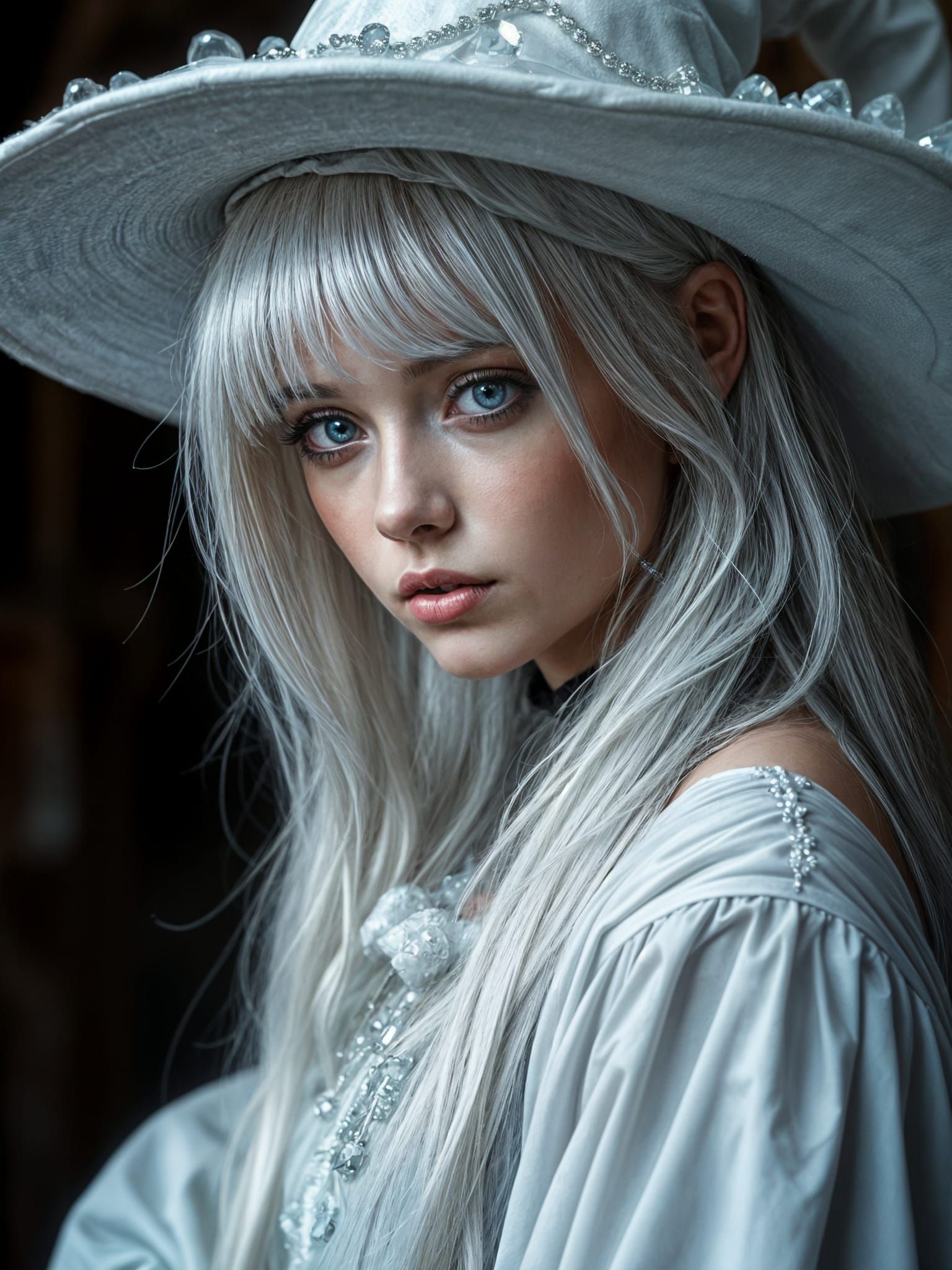 Gothic Ice Witch Portrait in White Robes and Crystal Hat