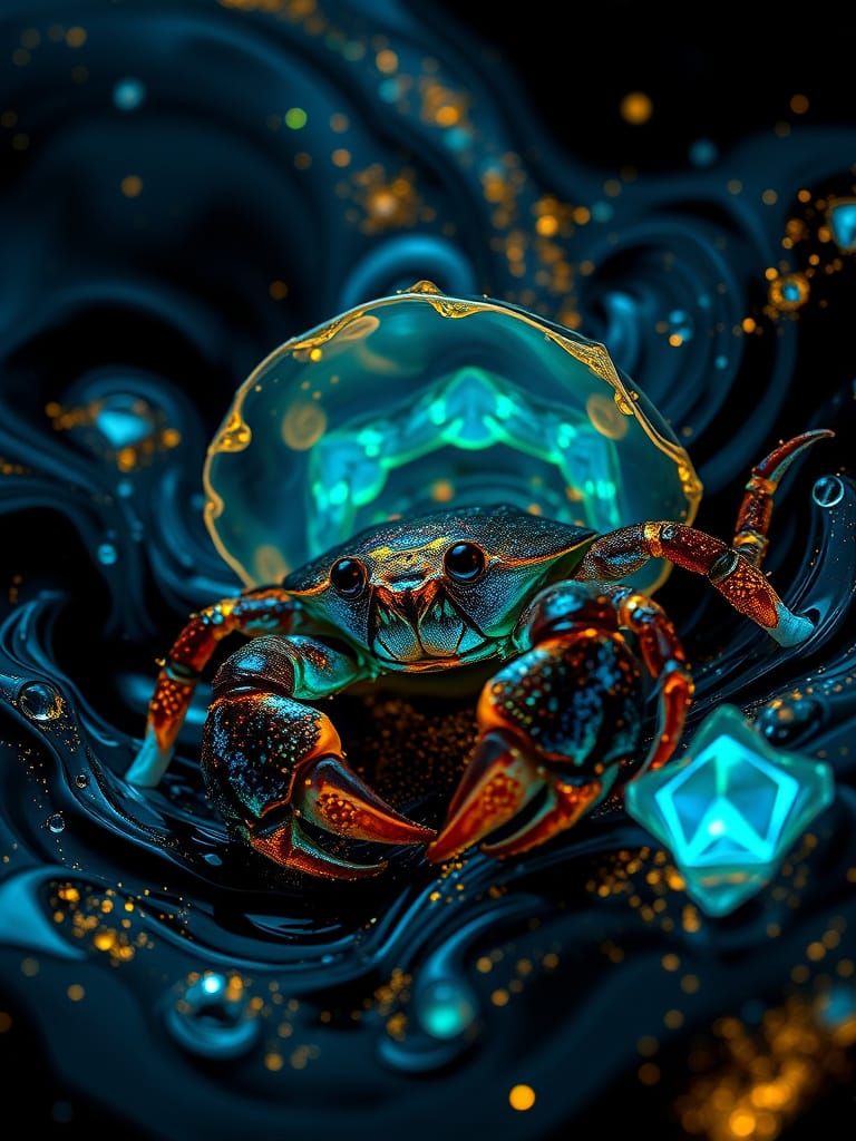 Ethereal Hermit Crabs in Bioluminescent Gemstone Seashells
