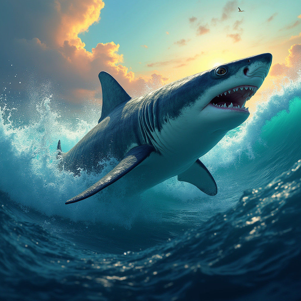 Tiger Shark Breaching in a Fantasy Underwater Realm