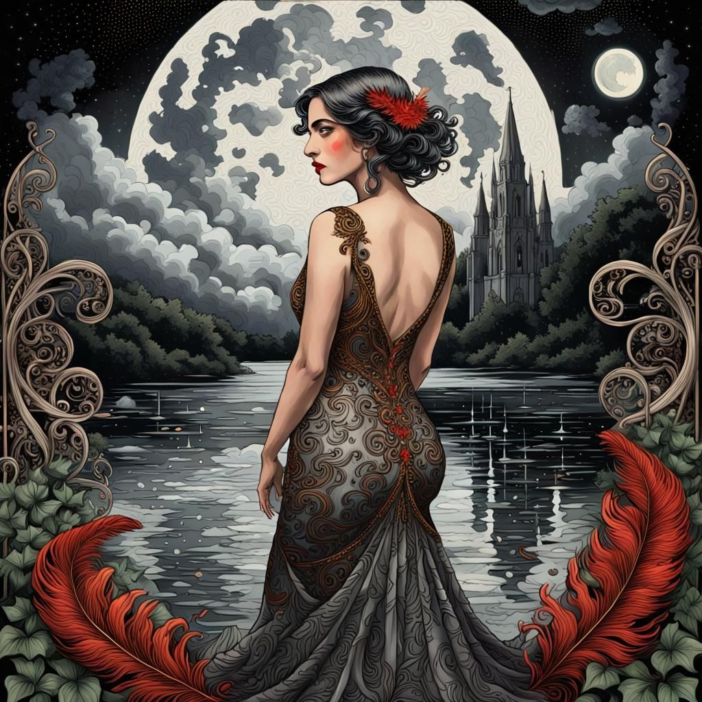 Woman in Storm with Feathers: Art Deco Digital Illustration