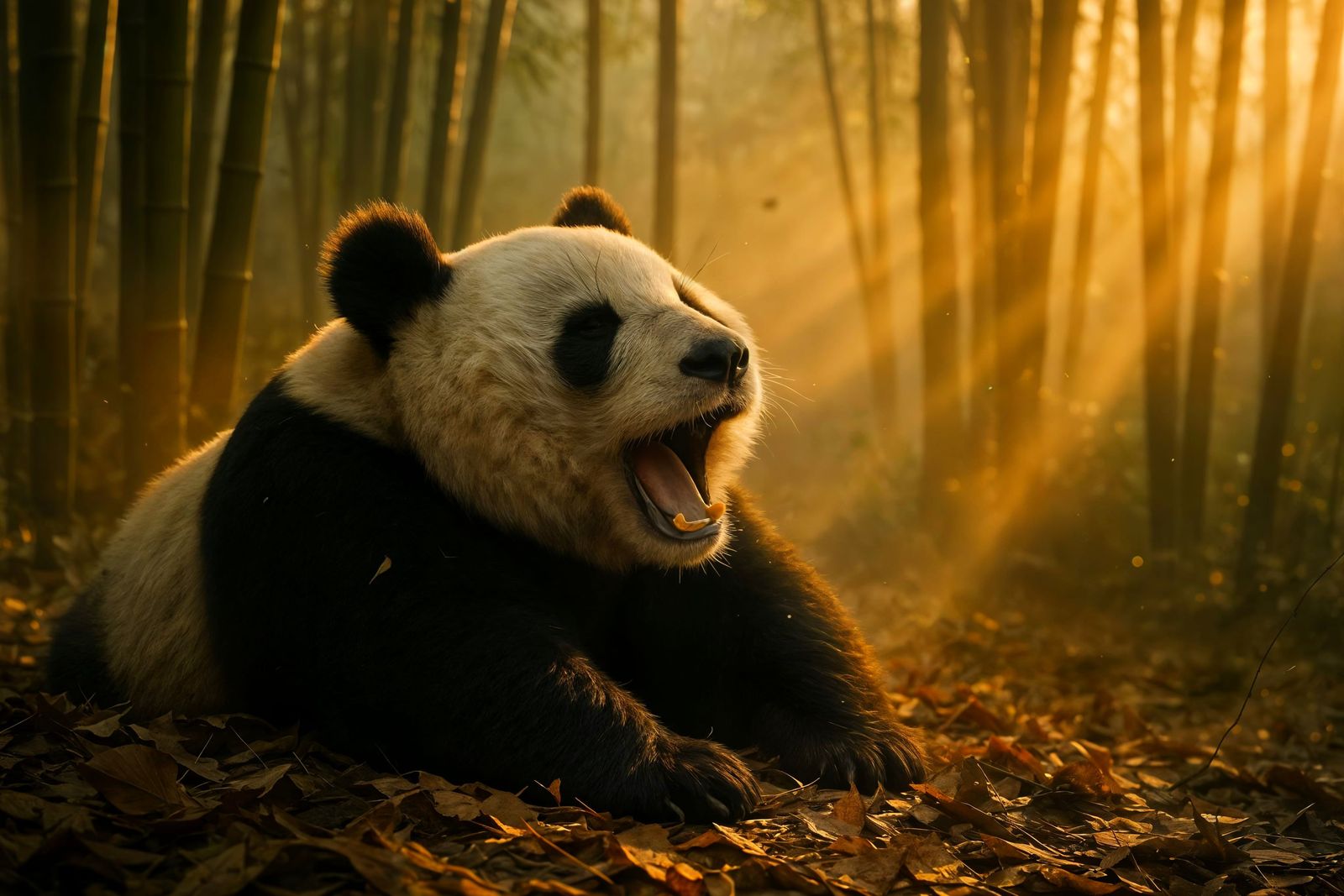 Panda Wakes in Bamboo Forest at Sunrise