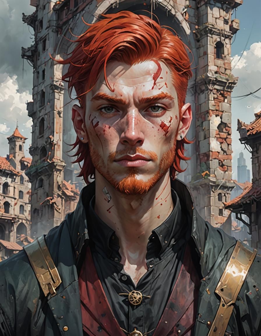 Redhead Author in Ruined City: Surreal Portrait